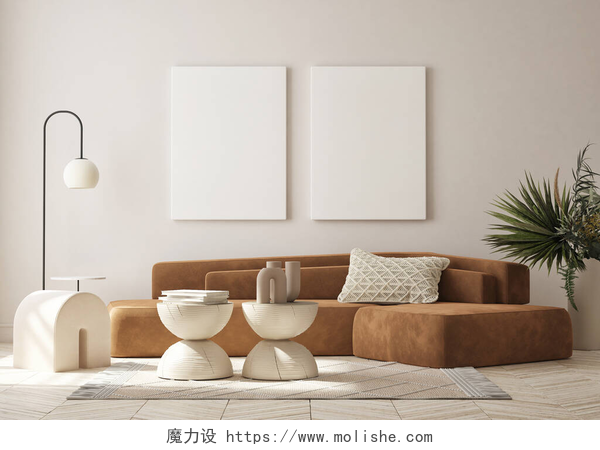 室内客厅全景展示图在现代室内环境、客厅、简约风格、 3D渲染、 3D插图中模仿海报框架